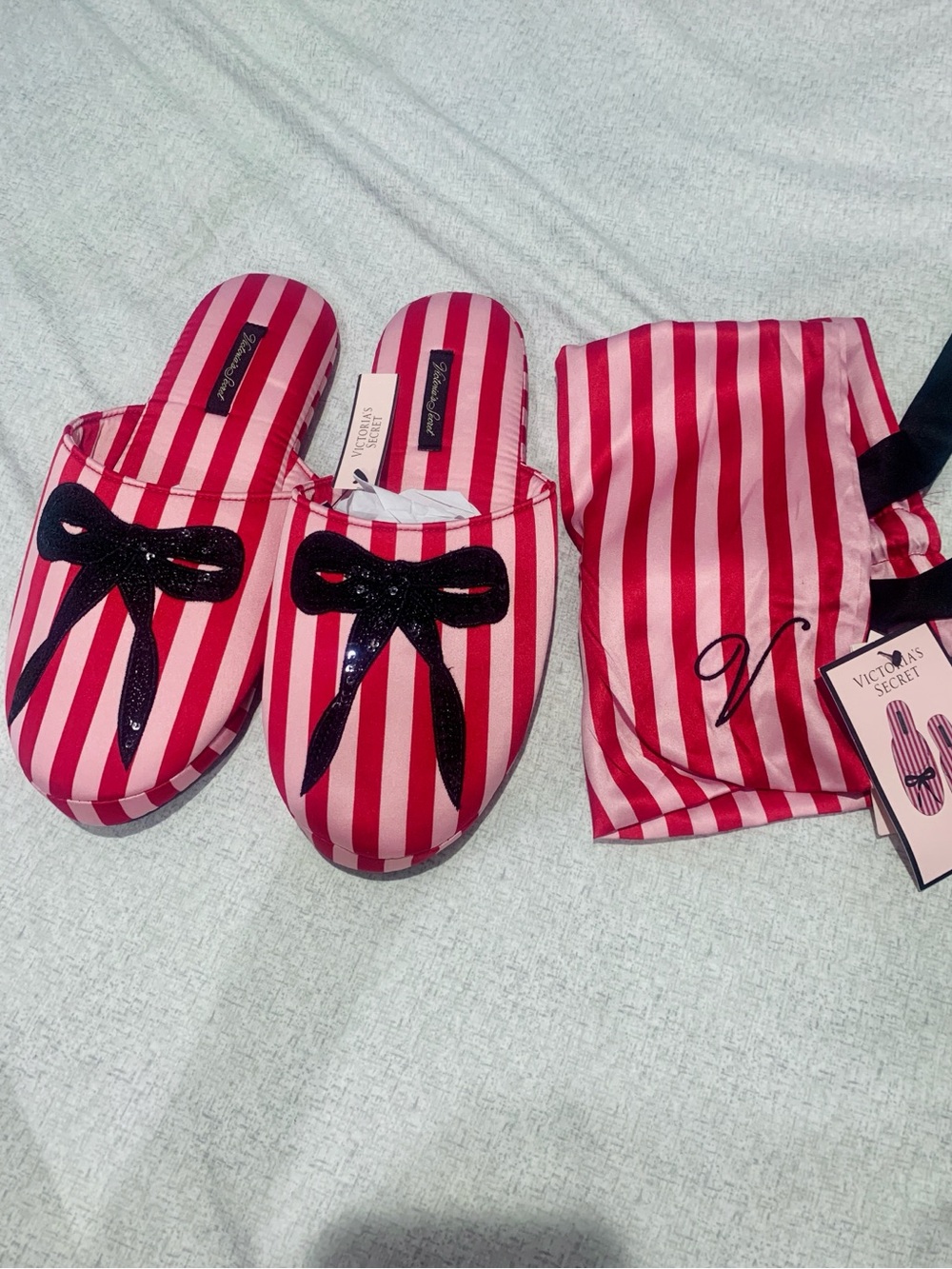 Victoria's Secret Pink & White Striped Satin Slippers with Black Bow Accent